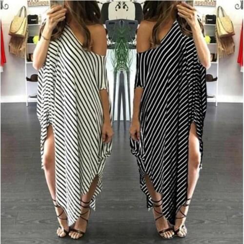 2019 Europe and the United States new irregular stripe off-the-shoulder sexy dress