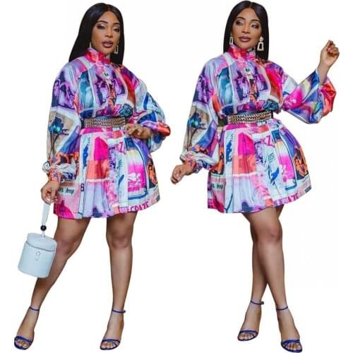 Casual Top Lady Dashiki Long Sleeve Sexy Mini Skirt Loose Print Top 2021 Spring Autumn New Lady Vestidos Does not include belt