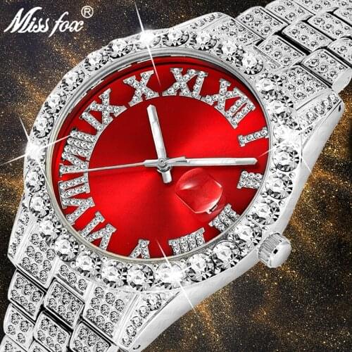 Dropshipping Big Diamond Red Mens Watches Top Luxury Brand 18K Gold Watch Men Stainless Steel Link Analog Best Quartz Wristwatch