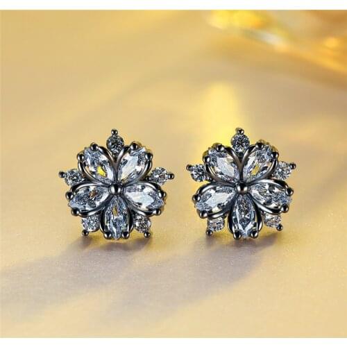 Cute Female White Crystal Small Earring Charm 14KT Black Gold Wedding Earrings For Women Punk Flower Zircon Stud Earrings