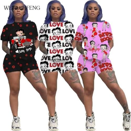 Print Cartoon Letter Tops Biker Shorts Two Piece Sets Summer Tracksuit Lounge Wear Plus Size Outfits Fitness Womens Clothes