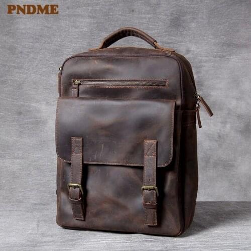 Vintage crazy horse cowhide mens backpack high quality genuine leather travel womens bookbag real fur work computer bagpack