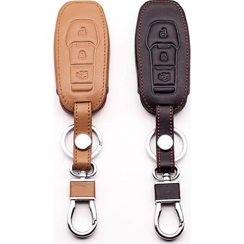 High quality 100% Genuine Leather Case Cover Car Style Key Chain Ring for Ford Monto 3 buttons leather car remote key case shell