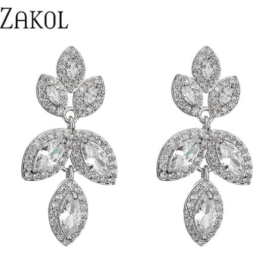 ZAKOL 2021 TRENDY Leaf Water Drop Cubic Zirconia Stud Earrings for Women Luxury Female Copper Alloy Wedding Jewelry EP2956