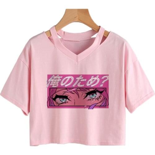 Gothic Grunge Printed Crop Tops y2k Harajuku Women T-Shirt Kawaii Pink Short Sleeve Cropped Tee Summer Casual Anime Streetwear