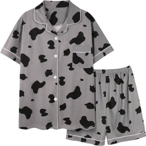 Sweet Korean Black Cow Print Women Sleepwear Summer Pajamas Set Woman 2 Pieces Sexy Turn-down Collar Single-breasted Homewear