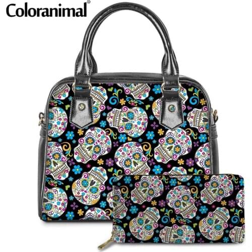 Coloranimal New Womens Tote Handbags Sugar Skull Print 2pcs/set Stoage Bag Purse Soft PU Leather Hand Bag Female Crossbody Bag