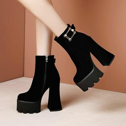 Platform Super Square High Heel Women Ankle Boots Faux Suede Round Toe Ladies Short Boots Side Zipper Women Shoes Big Size 34-43