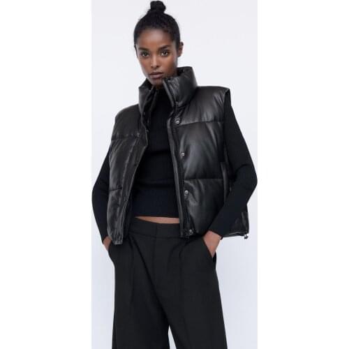 Za 2021 womens Black Warm artificial leather vest coat casual zipper sleeveless pocket jacket womens short cotton coat