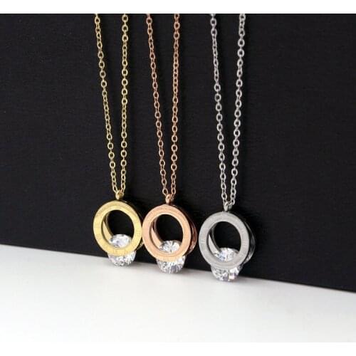 Fashion Stainless Steel Love Circle Crystal Roman Numerals Round Pendant Necklaces Rose Gold Color Women Female Gift