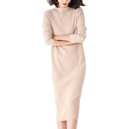 New High Quality Knee-length Solid Color O-Neck Pullover Thick Autumn and Winter Sweater Dress for Women