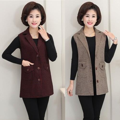 Middle-aged elderly vest womens spring autumn clothing plaid vest mother suit collar three button coat jacket vest D226