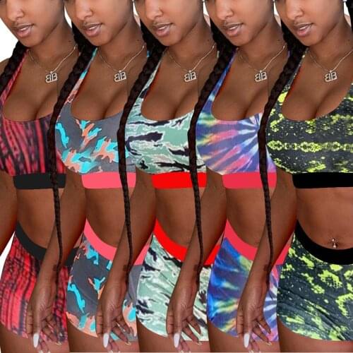 2020 New Fashion 2 Pcs Women Print Outfits Sleeveless Round Neck Tank Top Elastic Waist Shorts Casual Tracksuit