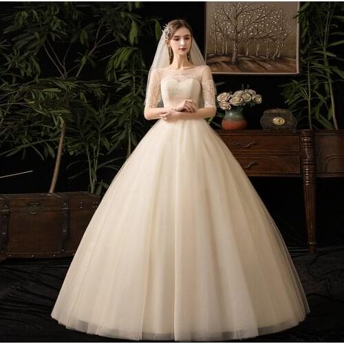 2021 Champagne Wedding Dress Half Sleeve Simple Lace Fashion Wedding Gown Plus Size Bridal Dresses Vestido De Noiva X