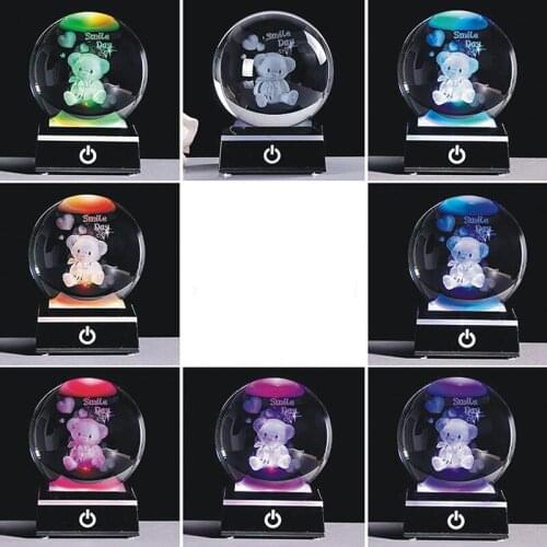 60/80mm 3D Cute Smiling Bear Crystal Ball LED Light Support Miniature Ornament Child Birthday Present Christmas Gifts Decoration
