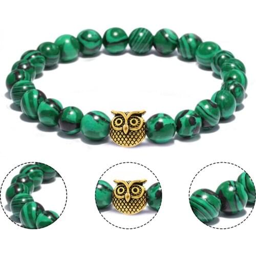 8mm Green Malachite Bracelet Zinc Alloy Owl Elastic Bracelet For Women And Men Fashion Jewelry