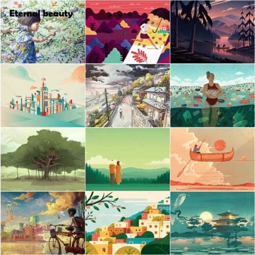 Diamond Painting Cross Stitch Kits Landscape Mountains Trees and Sailing Ship Full Square Drill Diamond Embroidery Home Decor