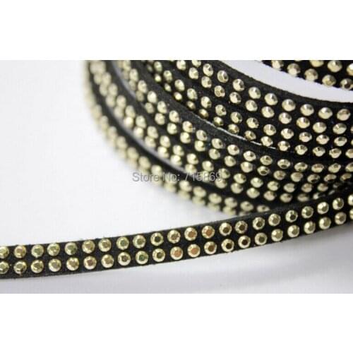 Free Ship 100 Meterse Gold Stones 5mm*1.5mm Black Flat Faux Suede Leather Cord With Two Lines Gold Studs