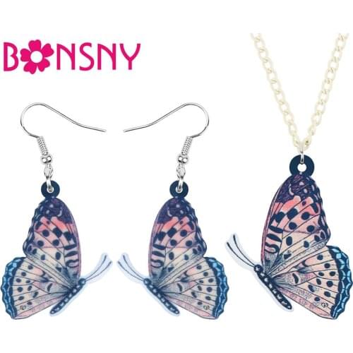 Bonsny Acrylic Flying Brush-footed Butterfly Vanessa Jewelry Sets Insect Animal Earrings Necklace For Women Girls Charms Gifts