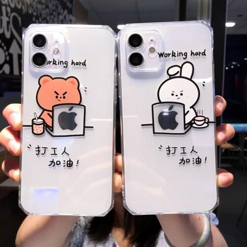 Cute Cartoon Bear Rabbit Couple Phone Case For iPhone 12 Pro MAX 11 X XS XR 7 8 Plus Transparent Soft TPU Shockproof Back Cover