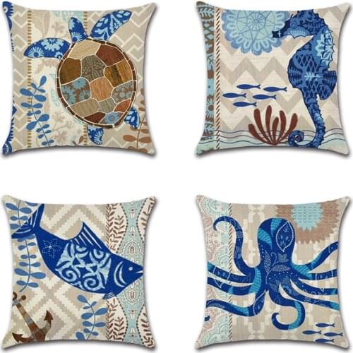 Retro Pillowcase Fish Starfish Sea Turtle Seahorse Animal Print Cushion Cover Home Decorative Linen Car Sofa Waist Pillow Case