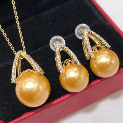 D727 Pearl Set Fine Jewelry 925 Sterling Silver Round 9-12mm Fresh Water Golden Pearls Jewelry Sets for Women Presents