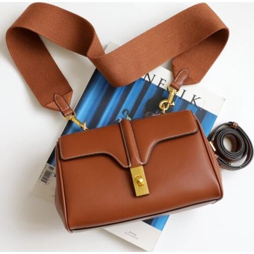 Leather Handbags Luxury Design Tan Bag Wide Shoulder Strap Shoulder Bag Commuter Bag Leisure Messenger Bag for Women