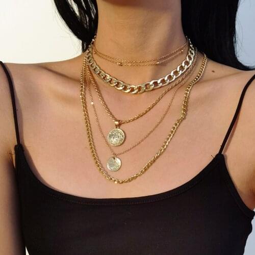 Creative Multilayer Head Portrait Coin Pendant Necklace for Women Retro Gold Color Metal Round Beads Linked Chain Necklace 2020