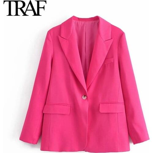 Traf Za Women Clothing 2021 Spring Autumn Fashion Loose Suit Jackets Coat Chic Ladies Office Pink Blazer Tops
