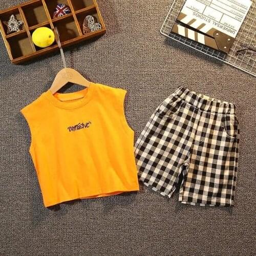 Summer New Toddler Boys Clothing Sets Casual Cotton Baby Summer Suits Sleeveless Print Shirt Plaid Shorts 2pcs Set For Boy 2-8 Y