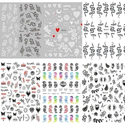 Fashion snake stickers for nail art accessories women hand tattoo black white foils slider nail decals WG055