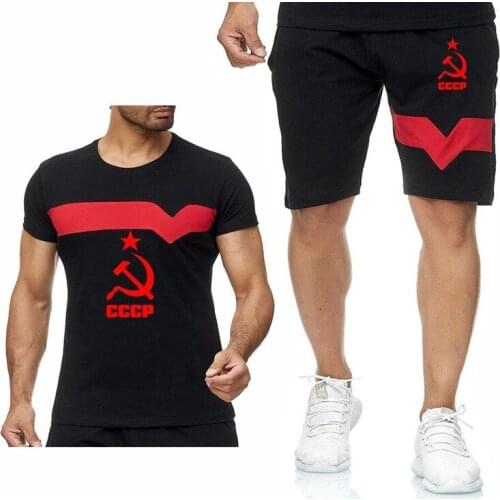 2021 Mens T-Shirt CCCP Russian USSR Soviet Union Print Splice Mens Short sleeve suits Mens Crew neck T-Shirt Pants Suit 2Pcs