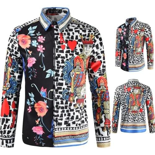 2021 Spring New Hot Sell Men Vintage Shirt Fashion Poker Red Heart K Print Long Sleeve Shirts Mens Hawaiian Casual Tops Koszula