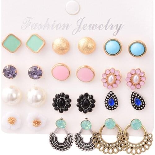 12 Pairs Golden Earrings Glass Rhinestone Set for Girls Jewel Easy Wear