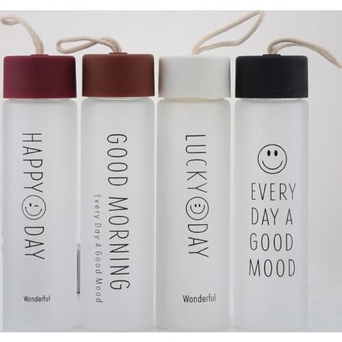 Day Glass Water Bottle Leak Proof for Biking Outdoor Travel Portable Transparent Smile Water Bottles 450ml White