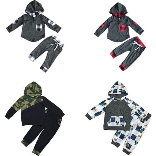 Girlymax Fall/winter Baby Girls Boys Cotton Long Sleeve Plaid Deer Camo Hoodie Ruffles Outfits Boutique Set Kids Clothing