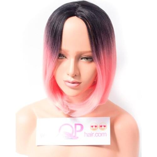 Qp hair Bob Style Straight Ombre Synthetic Wigs for Women Pink Color Wig With Heat Resistant