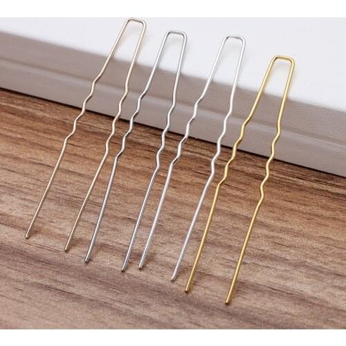 SEA MEW 100 PCS 64mm Hair Sticks Copper 3 Colors Plated U Shape Hair Pins Blank Base Setting For Women DIY Jewelry Making
