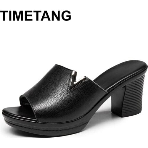 TIMETANG New 2020 Summer Women Genuine Leather Slippers Thick Sole Thongs Shoes Women Slippers Black White Slides Sandals