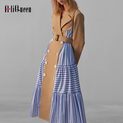 Autumn Women Fashion Striped Patchwork Long Trench Coats Windbreaker Notched Collar Lace Up Ladies Trench Designer Women Clothes