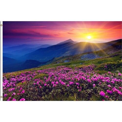 Morning Mountain Landscape with Spring Summer Pink Flower Sunrise 3x5 Feet Flag, for Outdoor Indoor Home Decor