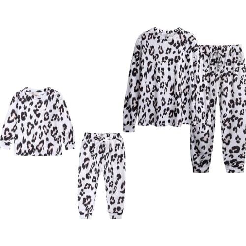 Spring Autumn Woman Kids Clothes Set Leopard Print T-shirt +Pants Family Matching Outfits Mother Son Daughter Clothes Suit