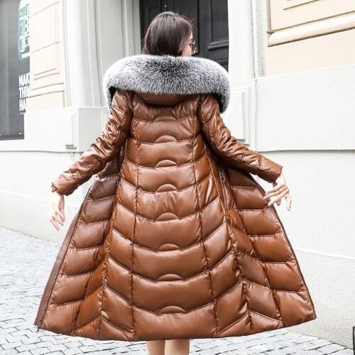 High Quality Winter Sheep Leather Down Coat Women Big Fox Fur Collar Hooded Jacket Female Plus Size Thicken Warm X-Long Coat 5XL