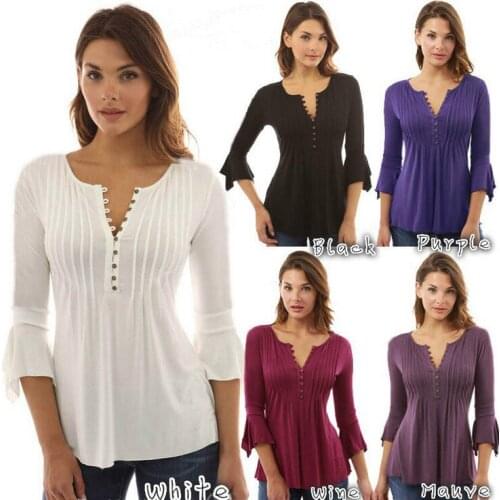 T Shirt Women 2021 Hot Selling Fashion V-neck Casual Capri Bell Sleeve Plus-size Pleat Shirt OEM35161