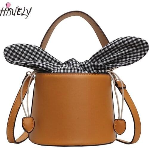 HISUELY 2021 Women Bag with Lattice Bow Bucket Bag Women PU Leather Shoulder Bags Brand Designer Ladies Crossbody Messenger Bags