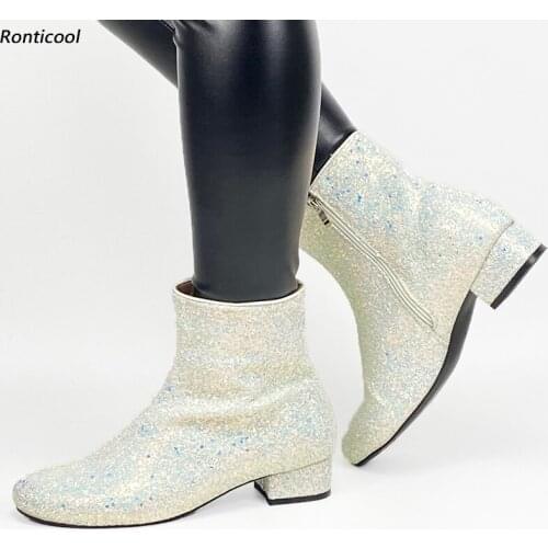 Ronticool Women Winter Flat With Ankle Boots Glitter Chunky Heels Round Toe Pretty Fuchsia White Party Shoes Plus US Size 5-20