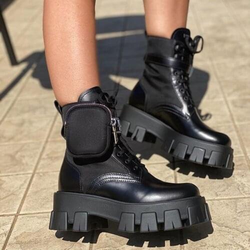 2021 New Pocket Design Women Ankle Boots Thick Bottom Platform Boots Flat Short Booties Lace-up Botas Mujer Runway Shoes Woman