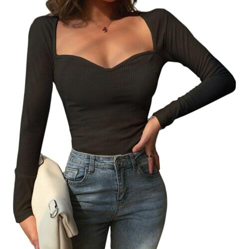 Women Sexy Long Sleeve Square Collar Top Fashion Solid Color Top for Women Ladies