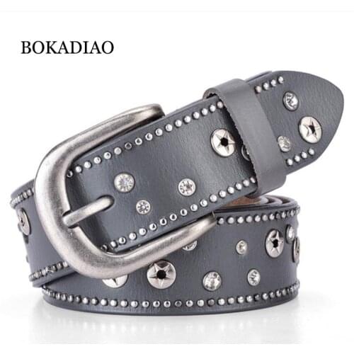 BOKADIAO women belt punk Pin buckle Vintage Rhinestone geometry Rivets luxury ladys original leather belts for women black belt