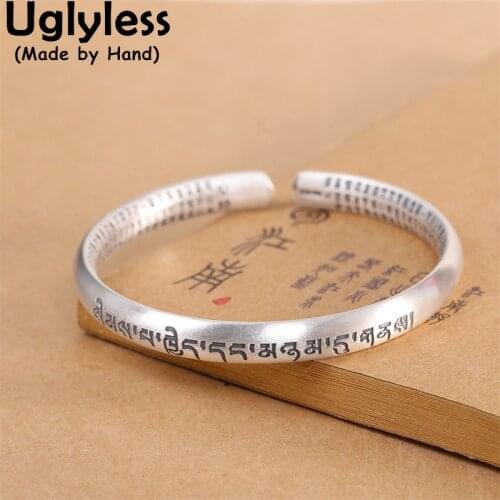 Uglyless Tibetan 6 Words Mantra Bangles for Women 999 Full Silver Heart Sutra Bangles for Female Buddhists Thai Silver Jewelry